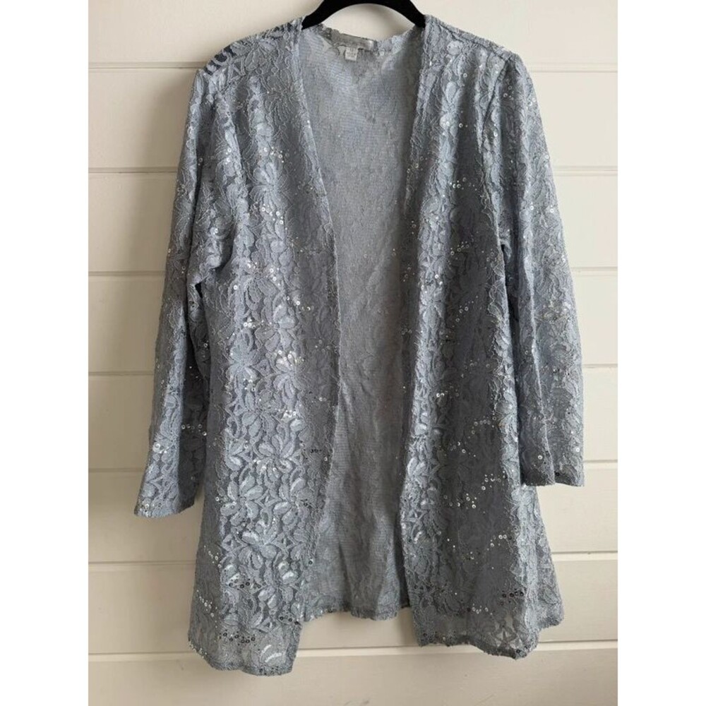 Oleg Cassini Silver Gray Lace Sequin Open Front Jacket Cardigan Size 12 Formal